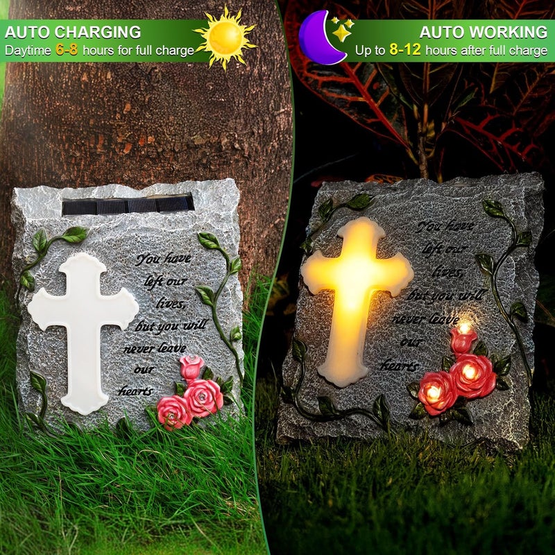 MXwcy Cross Solar Lights Outdoor Garden Memorial Stepping Stone, IP65 Waterproof is Used for Walls or Lawns, A Touching Memorial Gift & Condolence Gifts Grave Decorations for Cemetery - Image 2